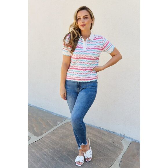 Petal Dew 143 Full Size Quarter Button Sheer Top In White Multi - Picture 9 of 10